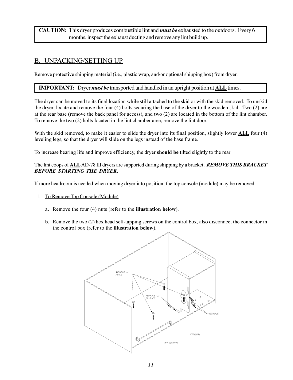 B. unpacking/setting up | American Dryer Corp. Gas HSI - Phase 7/FSS AD-78 III User Manual | Page 15 / 48