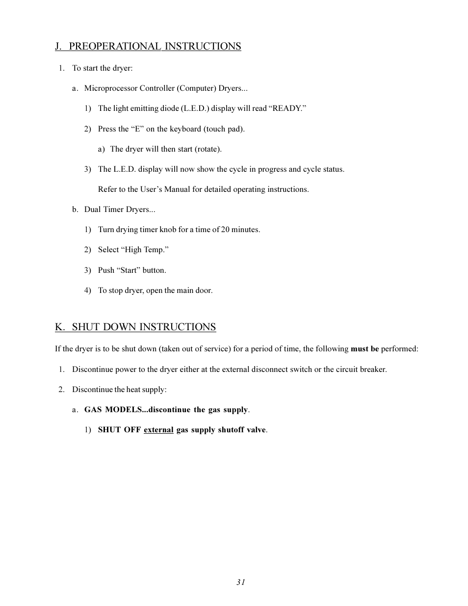 J. preoperational instructions, K. shut down instructions | American Dryer Corp. Gas HSI - Phase 7/FSS AD-78 III User Manual | Page 35 / 48