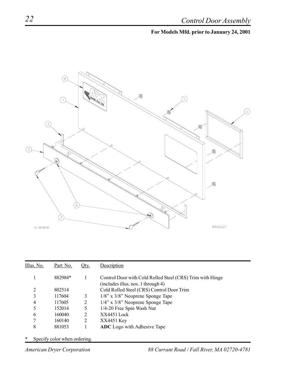 Control door assembly, For models mfd. prior to january 24, 2001 | American Dryer Corp. AD-24 II User Manual | Page 24 / 40