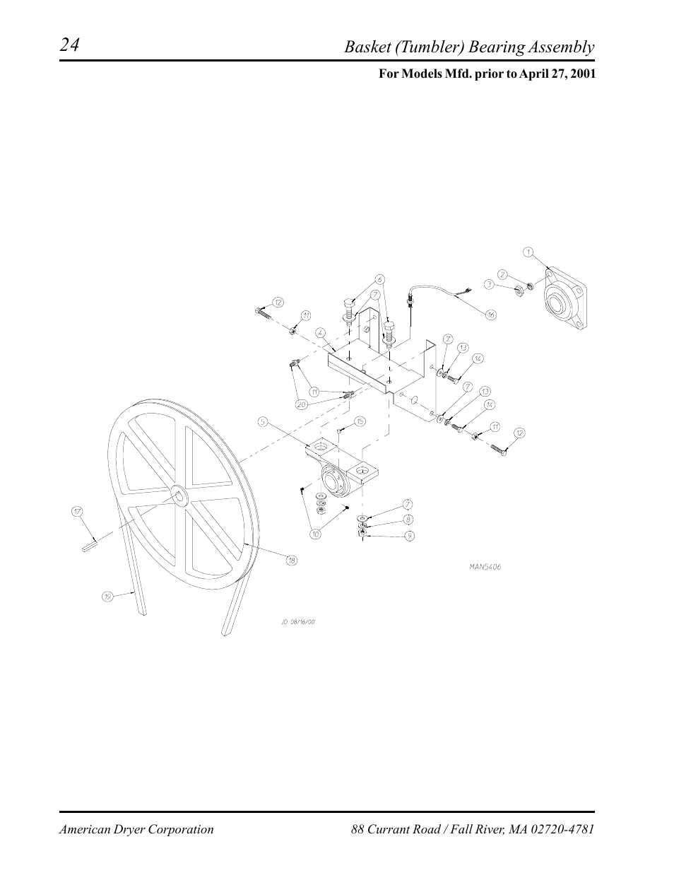 Basket (tumbler) bearing assembly, For models mfd. prior to april 27, 2001 , 25 | American Dryer Corp. AD-24 II User Manual | Page 26 / 40