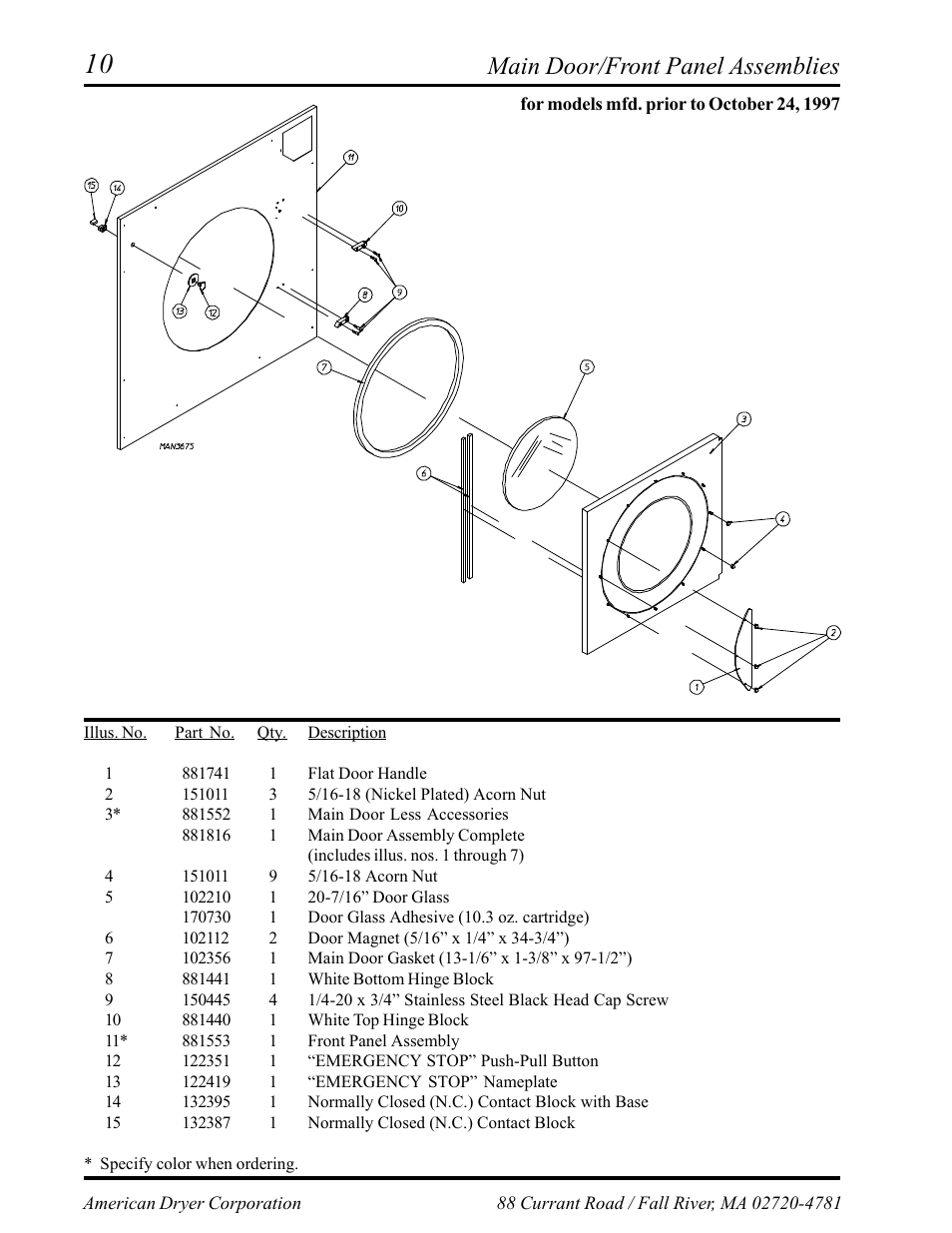 Main door switch assembly, For models mfd. prior to october 24, 1997, Main door/front panel assemblies | American Dryer Corp. Phase 6 Microprocessor AD-145 User Manual | Page 12 / 37