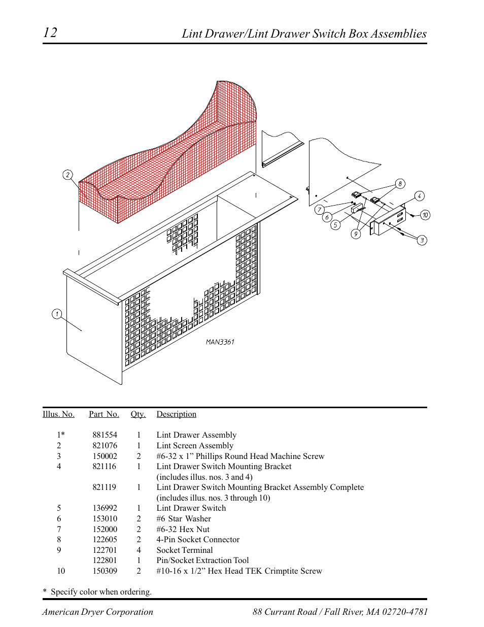 Lint drawer/lint drawer switch box assemblies | American Dryer Corp. Phase 6 Microprocessor AD-145 User Manual | Page 14 / 37