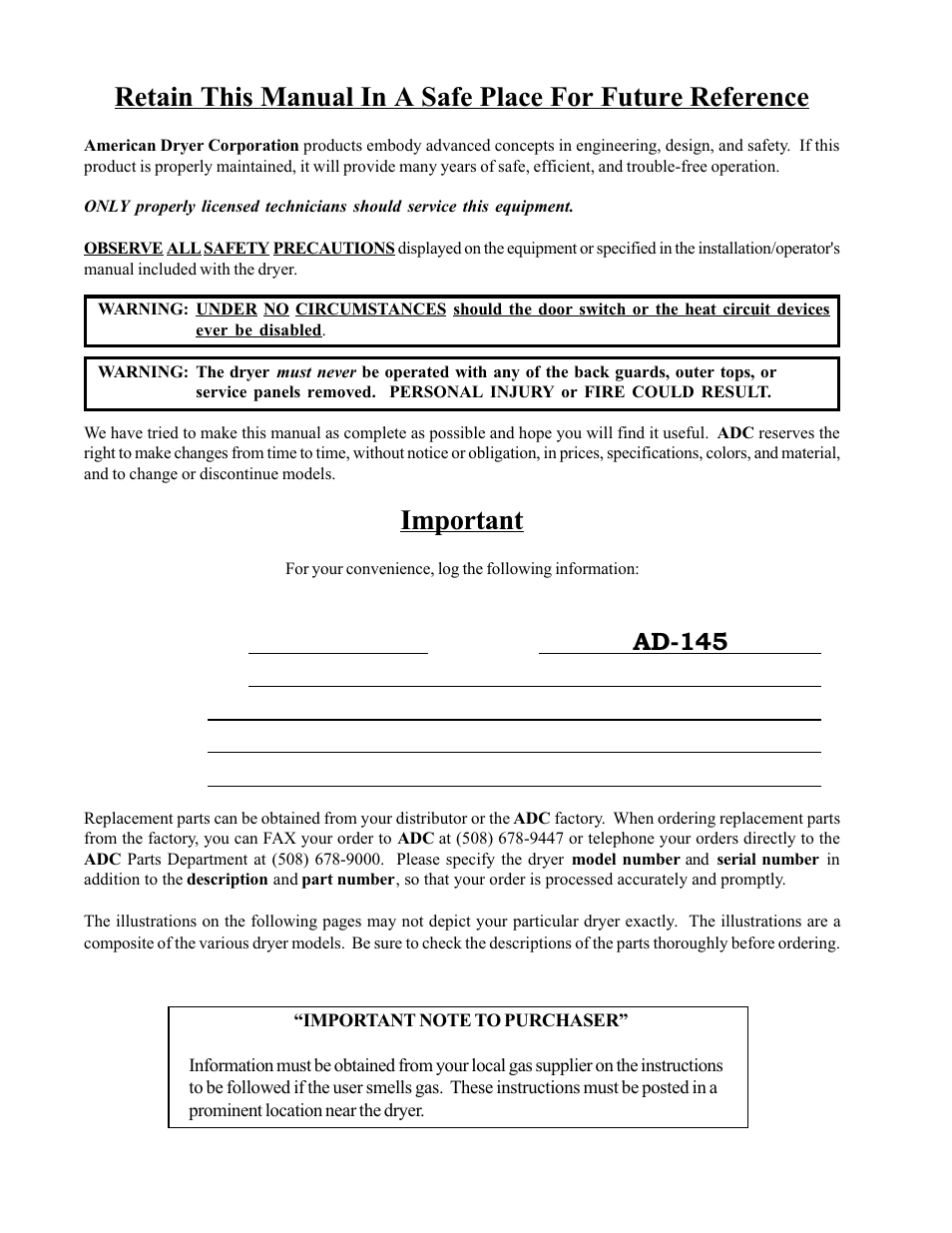 Important, Ad-145 | American Dryer Corp. Phase 6 Microprocessor AD-145 User Manual | Page 2 / 37