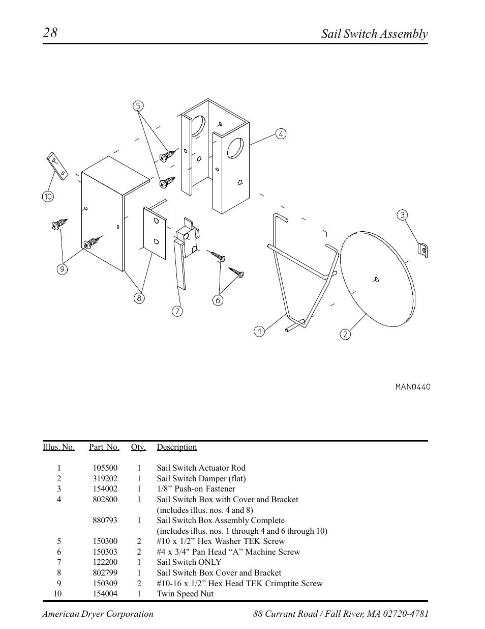 Sail switch assembly | American Dryer Corp. Phase 6 Microprocessor AD-145 User Manual | Page 30 / 37