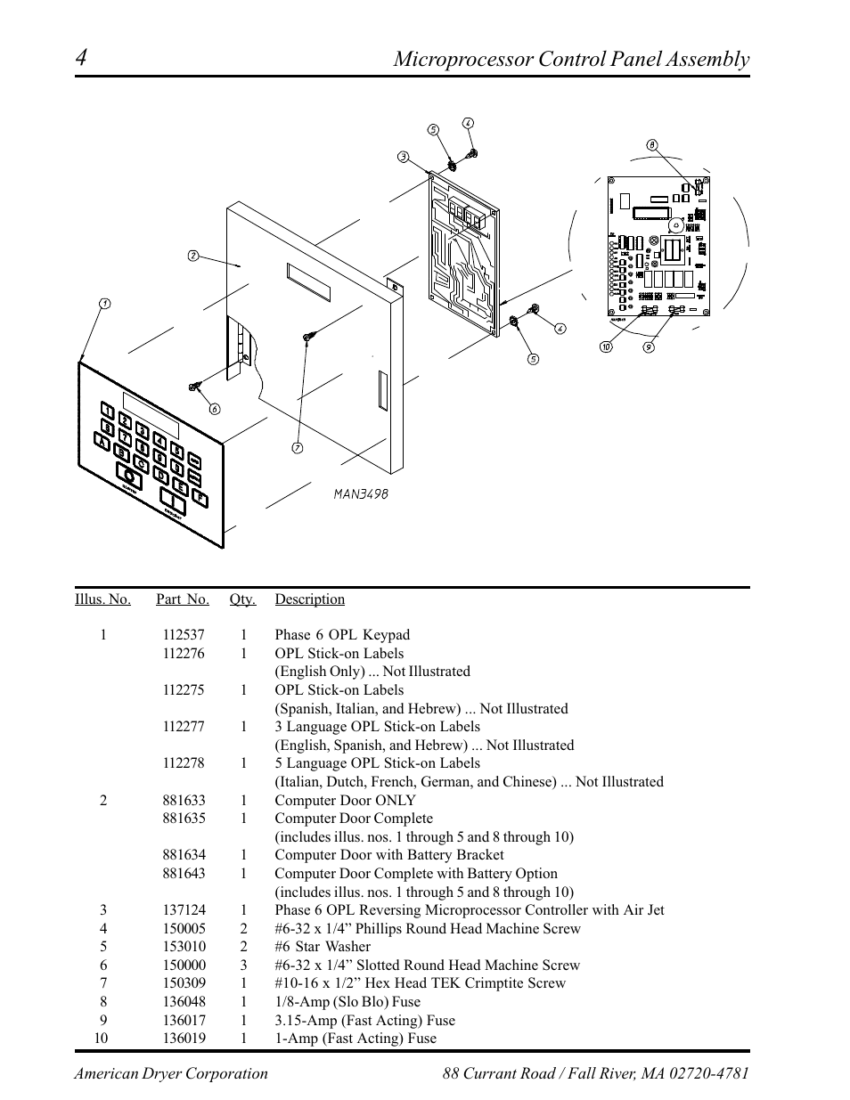 Microprocessor control panel assembly | American Dryer Corp. Phase 6 Microprocessor AD-145 User Manual | Page 6 / 37