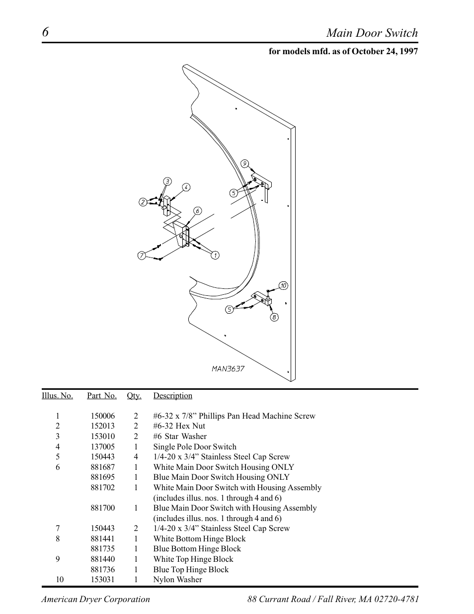 Front panel/main door assemblies, For models mfd. as of october 24, 1997, Main door switch | American Dryer Corp. Phase 6 Microprocessor AD-145 User Manual | Page 8 / 37