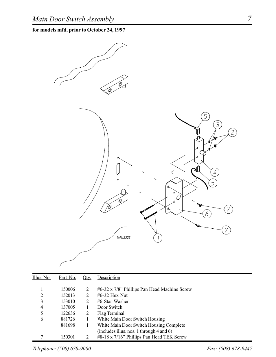 Front panel/main door assemblies, For models mfd. prior to october 24, 1997, Main door switch assembly | American Dryer Corp. Phase 6 Microprocessor AD-145 User Manual | Page 9 / 37
