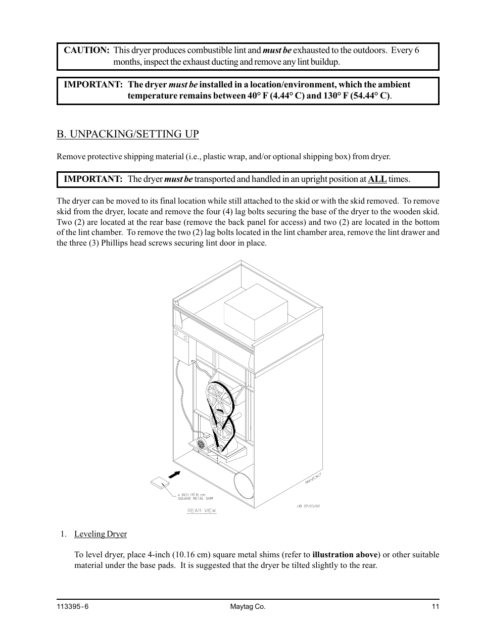 B. unpacking/setting up | American Dryer Corp. MDG-120PVV User Manual | Page 13 / 52