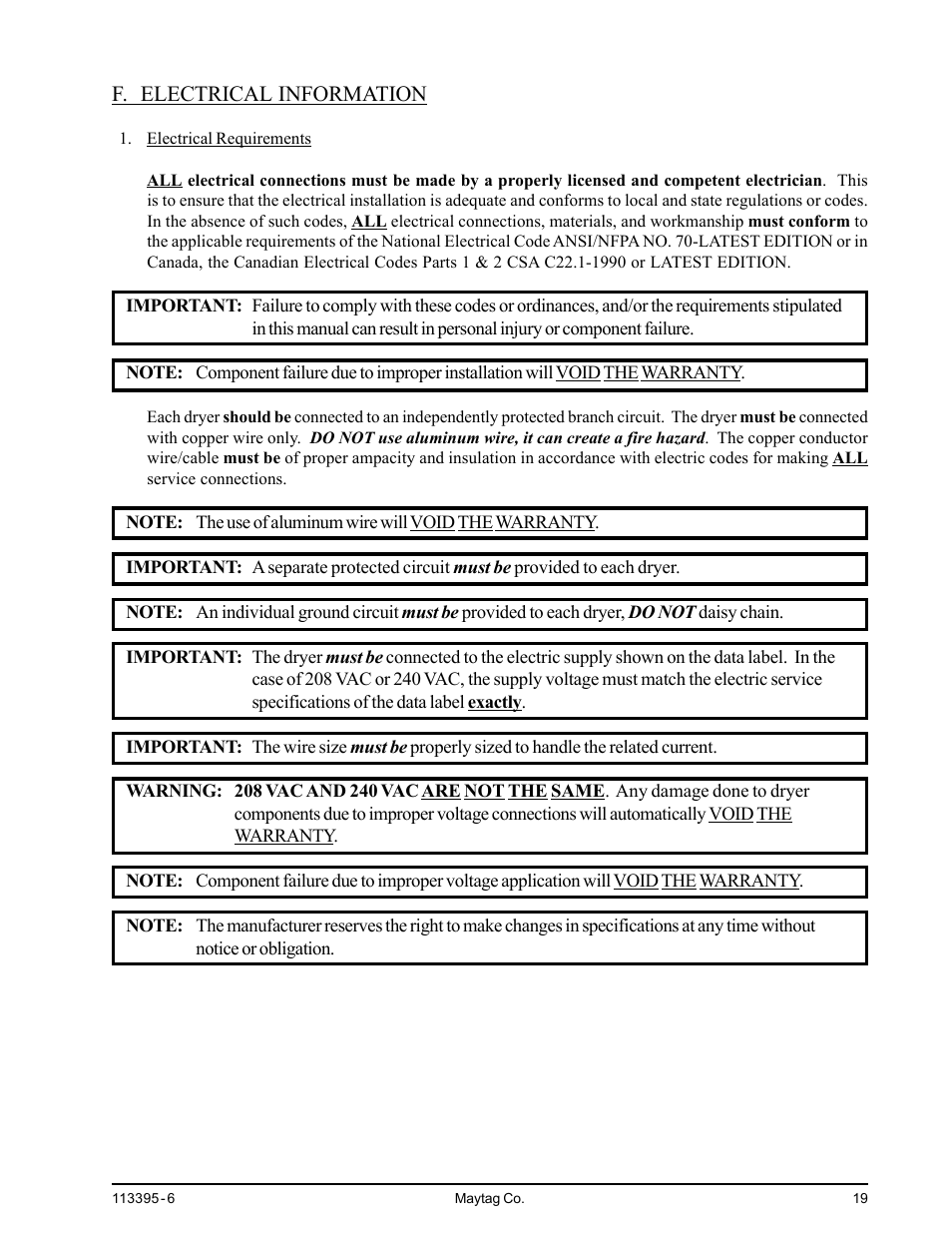 F. electrical information | American Dryer Corp. MDG-120PVV User Manual | Page 21 / 52
