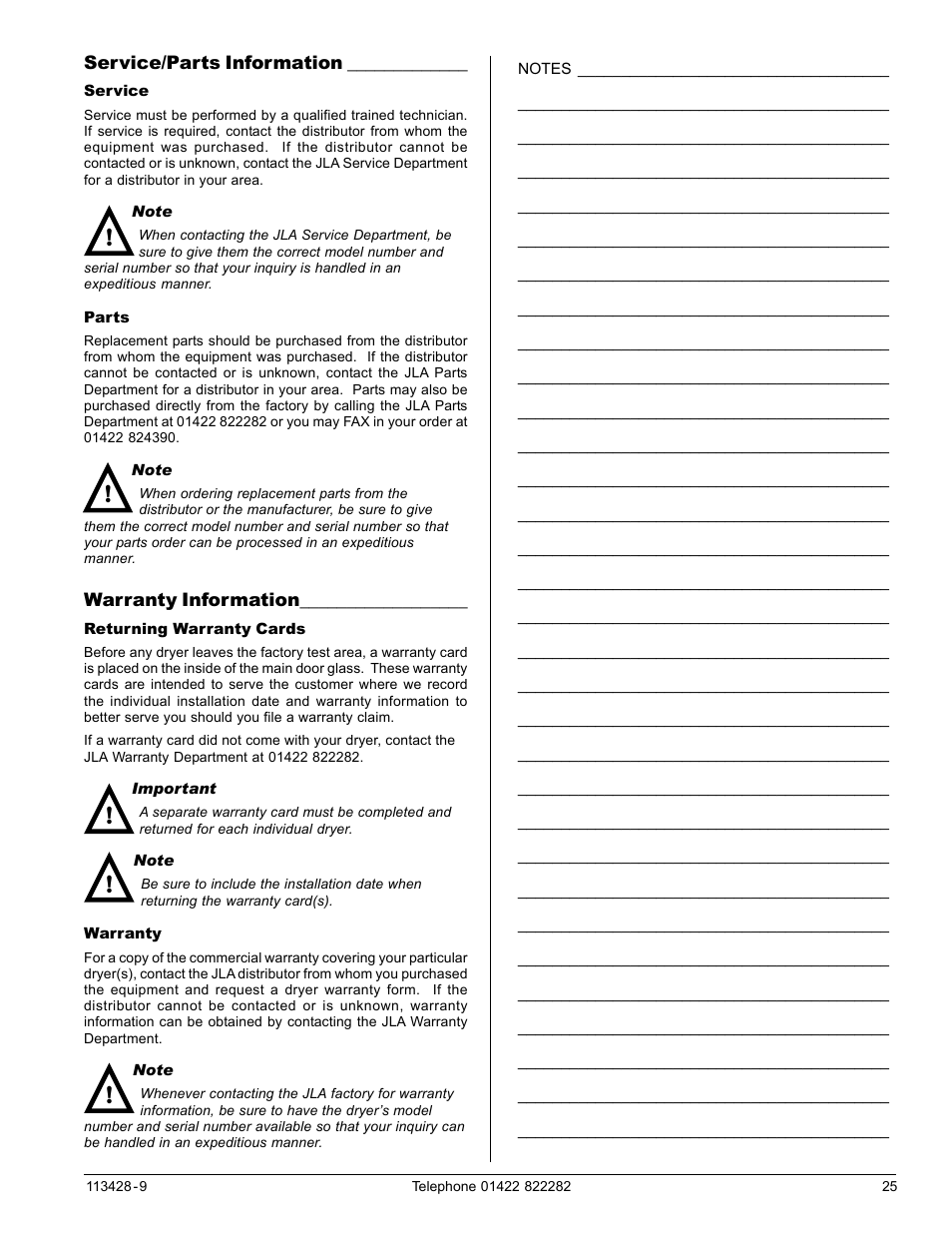 Service/parts information, Service, Parts | Warranty information, Returning warranty cards, Warranty, Service parts, Returning warranty cards warranty | American Dryer Corp. T20 User Manual | Page 25 / 28