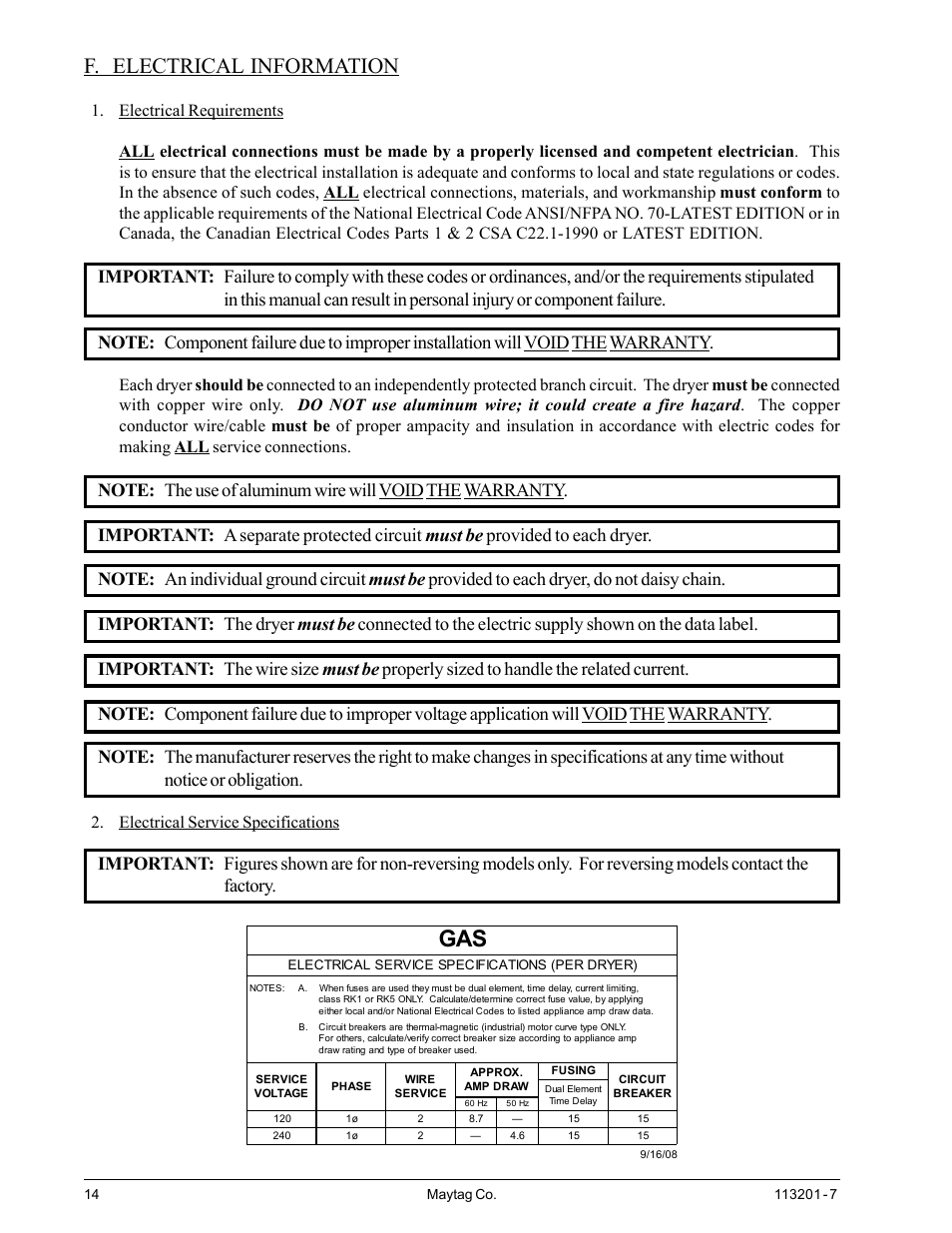 Electrical information, F. electrical information, Electrical service specifications | American Dryer Corp. MDG30PCC User Manual | Page 18 / 36