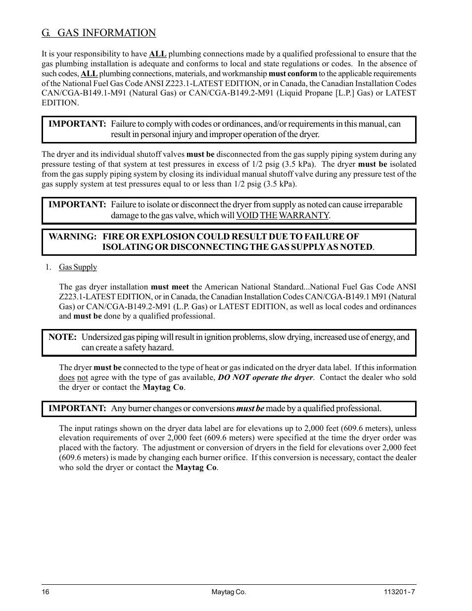 Gas information, G. gas information | American Dryer Corp. MDG30PCC User Manual | Page 20 / 36