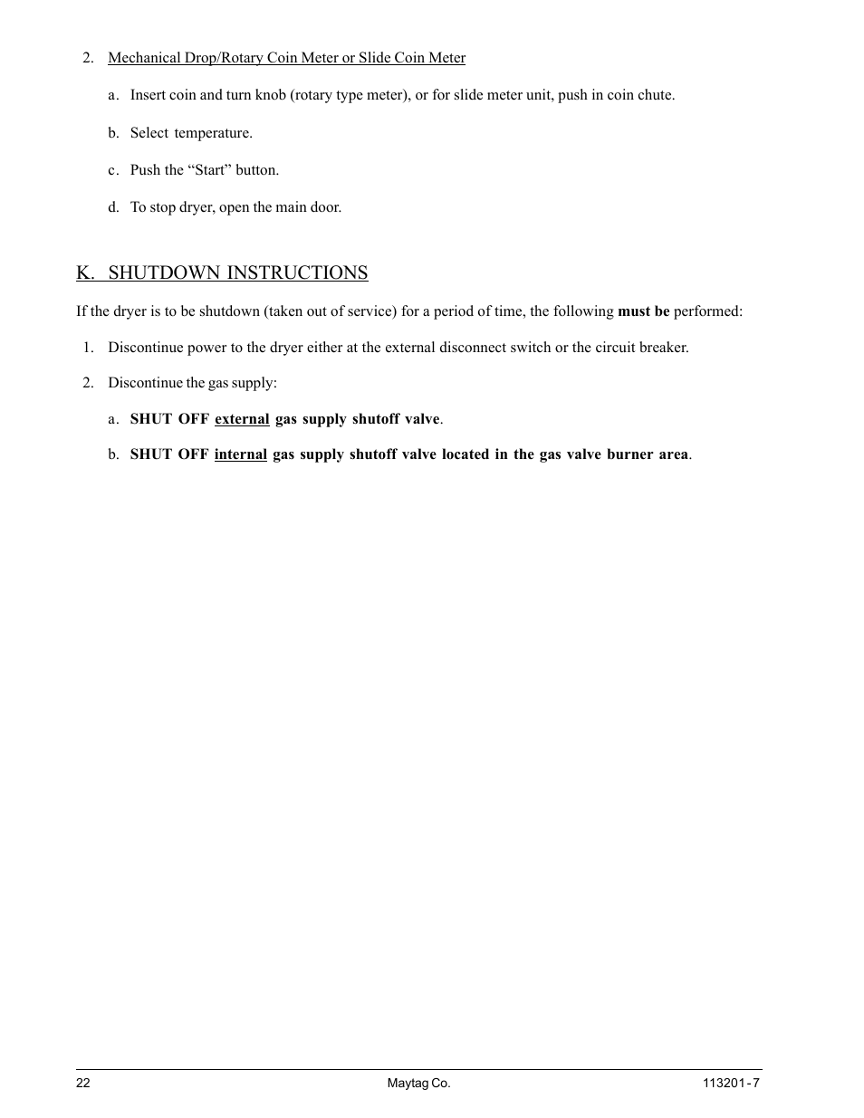 Shutdown instructions, K. shutdown instructions | American Dryer Corp. MDG30PCC User Manual | Page 26 / 36