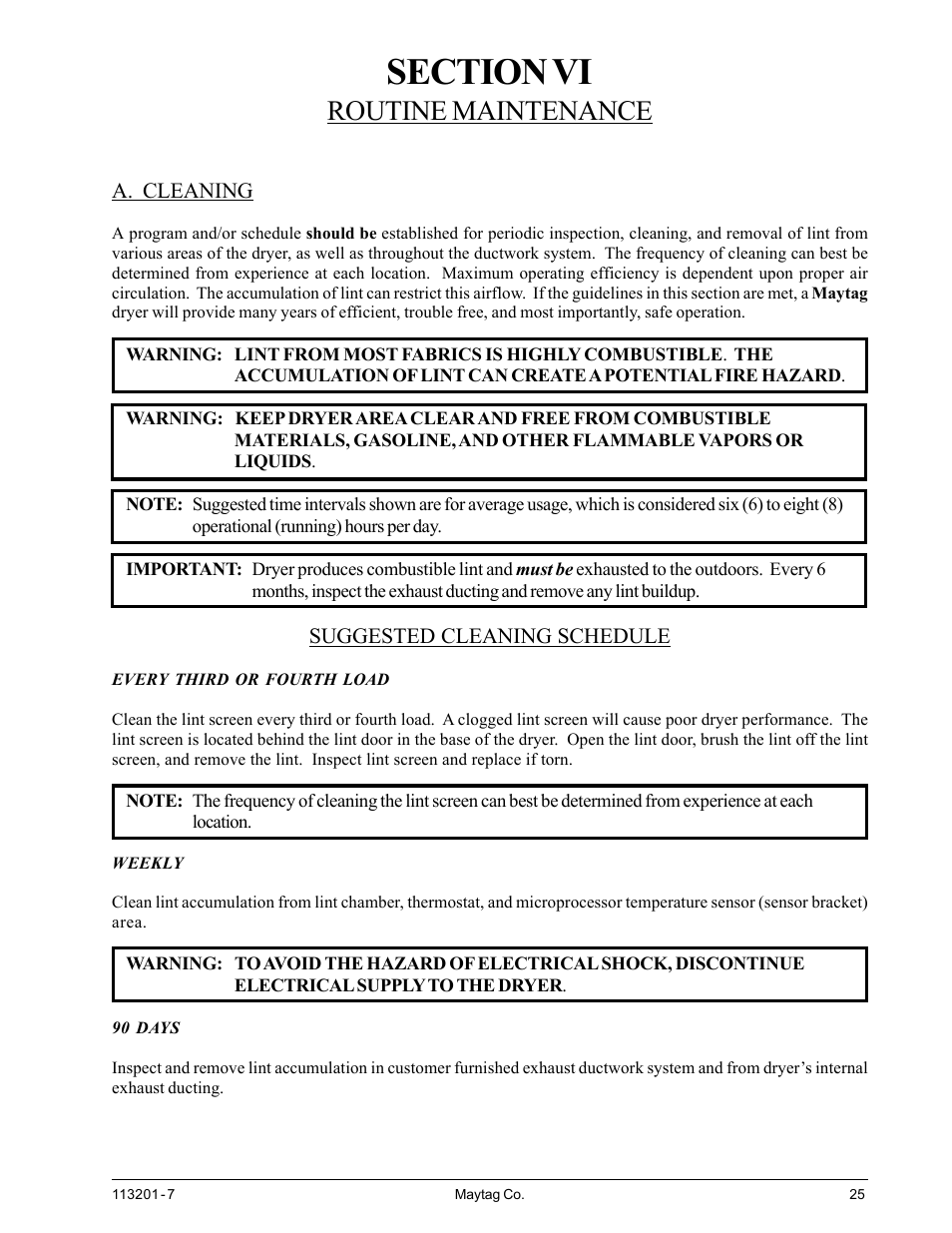 Routine maintenance, Cleaning, Section vi | A. cleaning | American Dryer Corp. MDG30PCC User Manual | Page 29 / 36