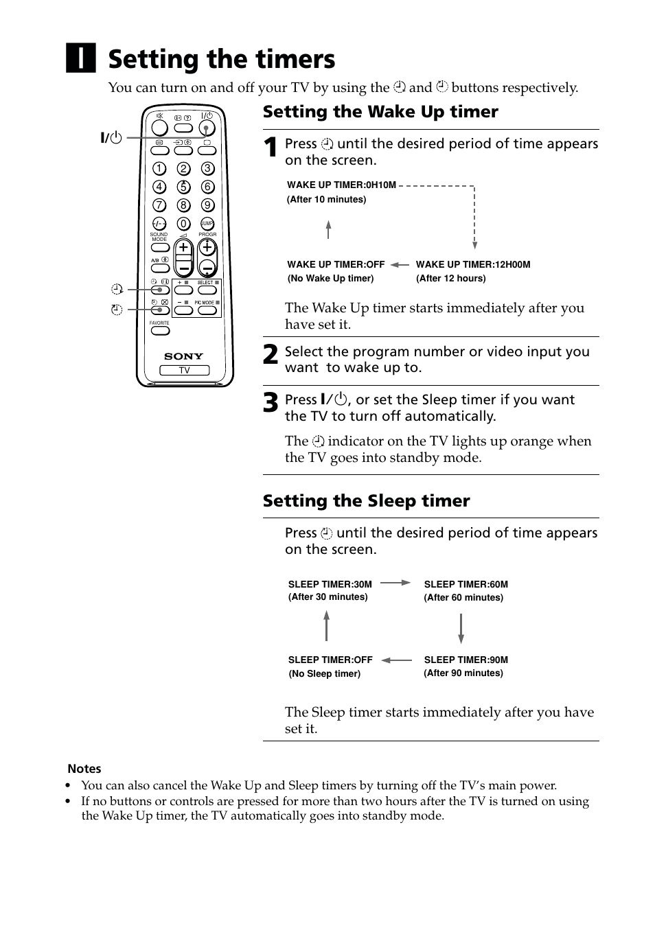 Setting the timers, Setting the wake up timer, Setting the sleep timer | Sony KV-PG14L70 User Manual | Page 10 / 13