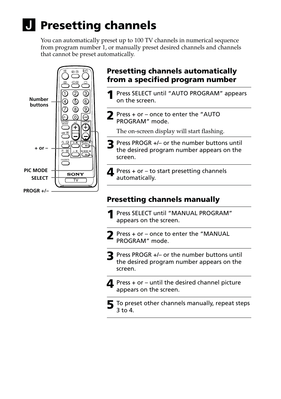 Presetting channels | Sony KV-PG14L70 User Manual | Page 11 / 13