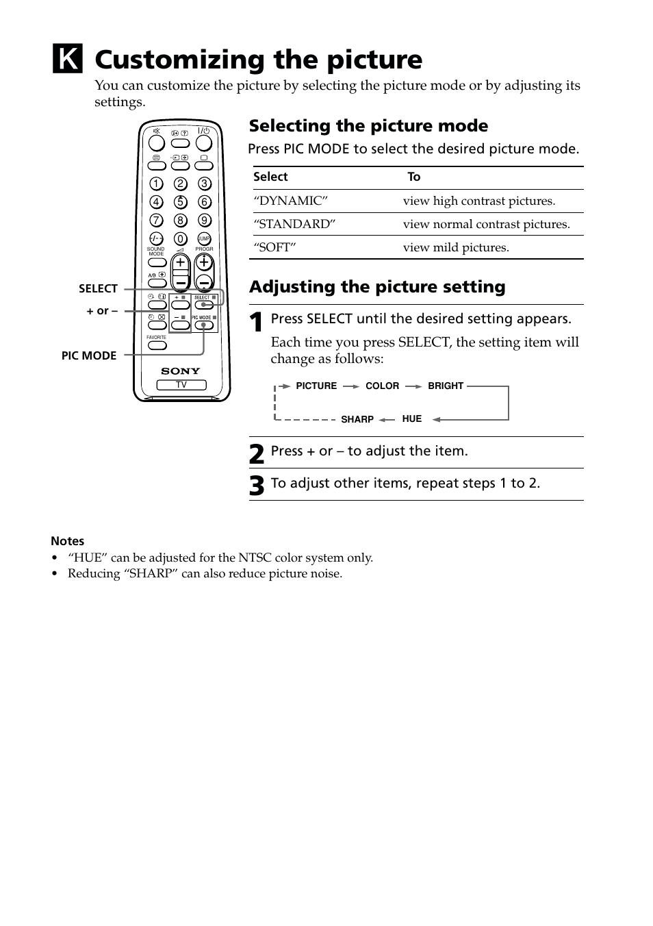Customizing the picture, Selecting the picture mode, Adjusting the picture setting | Sony KV-PG14L70 User Manual | Page 13 / 13