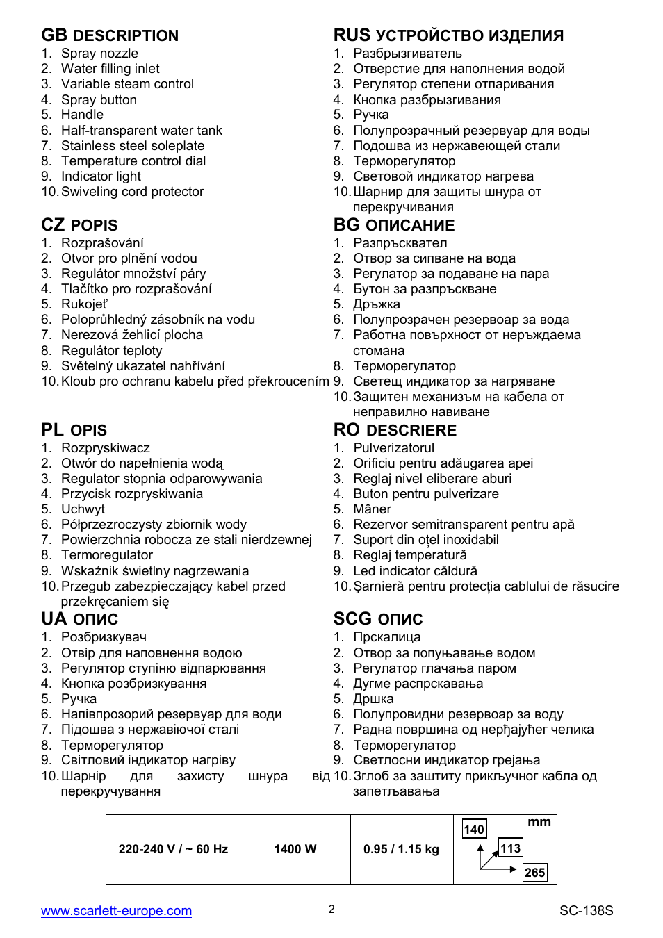 Ua scg | Scarlett SC-138S User Manual | Page 2 / 29