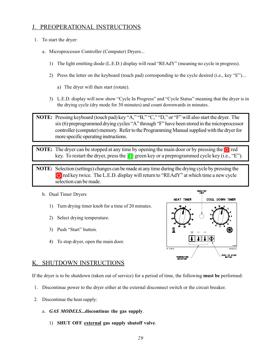 J. preoperational instructions, K. shutdown instructions | American Dryer Corp. ML-78III User Manual | Page 33 / 52