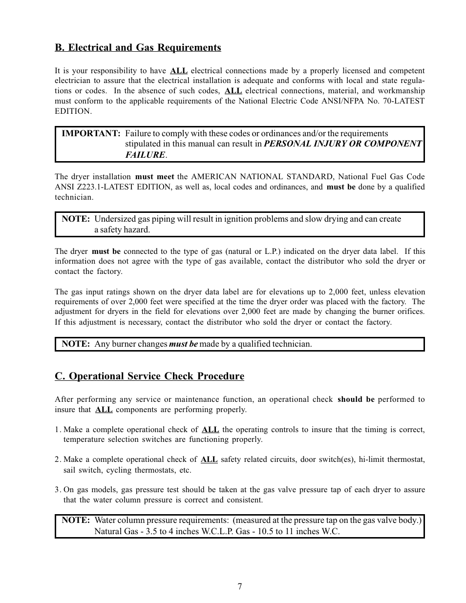 B. electrical and gas requirements, C. operational service check procedure | American Dryer Corp. ADG-385 User Manual | Page 11 / 57