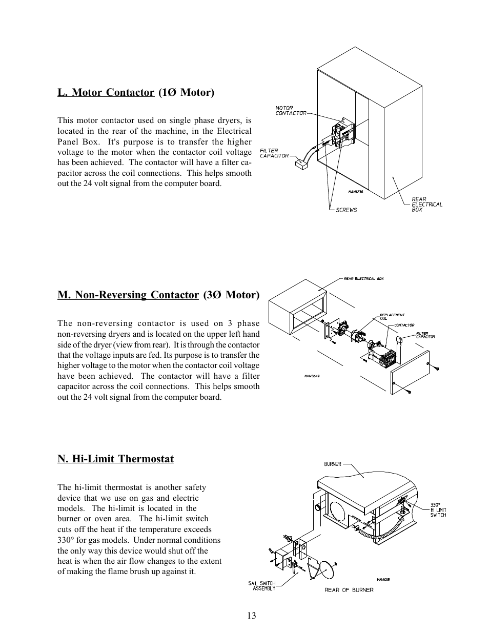 L. motor contactor (1ø motor), M. non-reversing contactor (3ø motor), N. hi-limit thermostat | American Dryer Corp. ADG-385 User Manual | Page 17 / 57