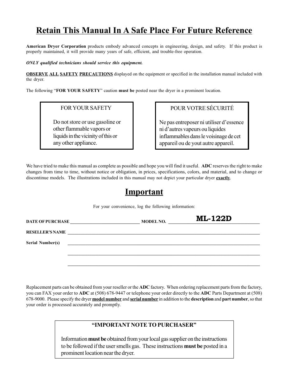 Important, Ml-122d | American Dryer Corp. ML-122D User Manual | Page 2 / 55