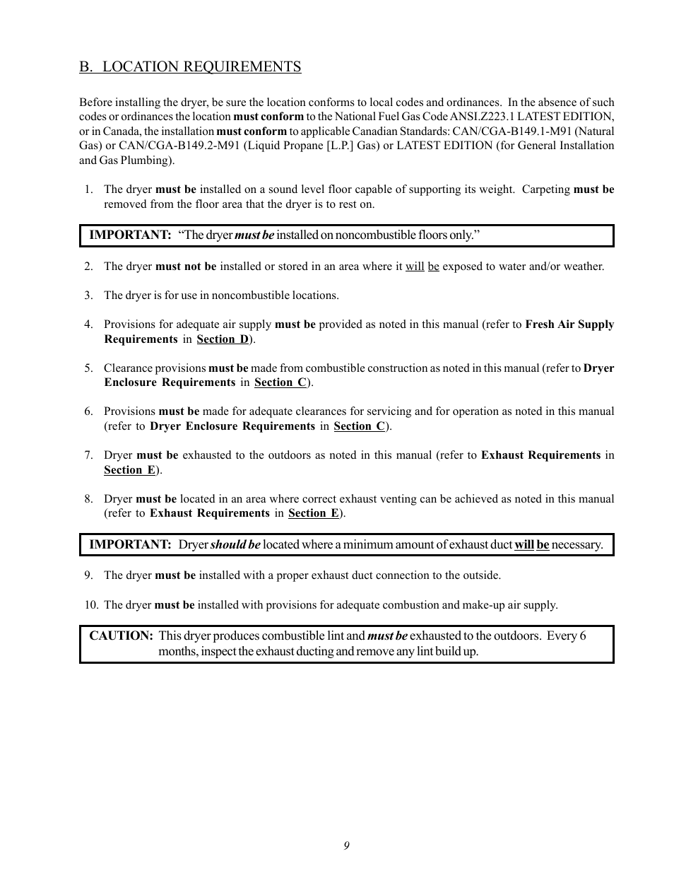 B. location requirements | American Dryer Corp. AD-60 User Manual | Page 13 / 67
