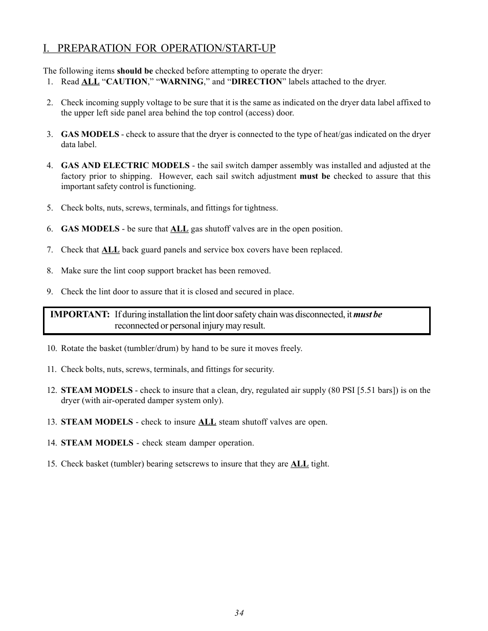 I. preparation for operation/start-up | American Dryer Corp. AD-60 User Manual | Page 38 / 67