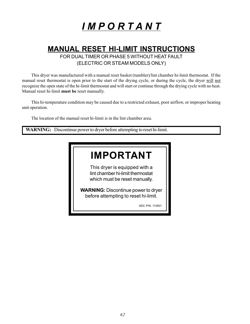 Important, Manual reset hi-limit instructions | American Dryer Corp. AD-60 User Manual | Page 66 / 67