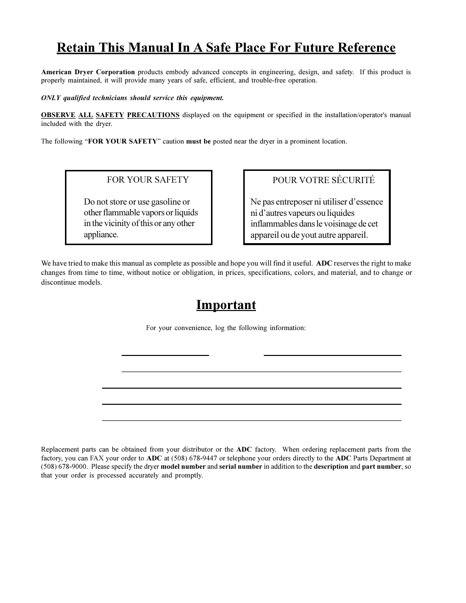 Important, Mls-460 | American Dryer Corp. MLS-460 User Manual | Page 2 / 80