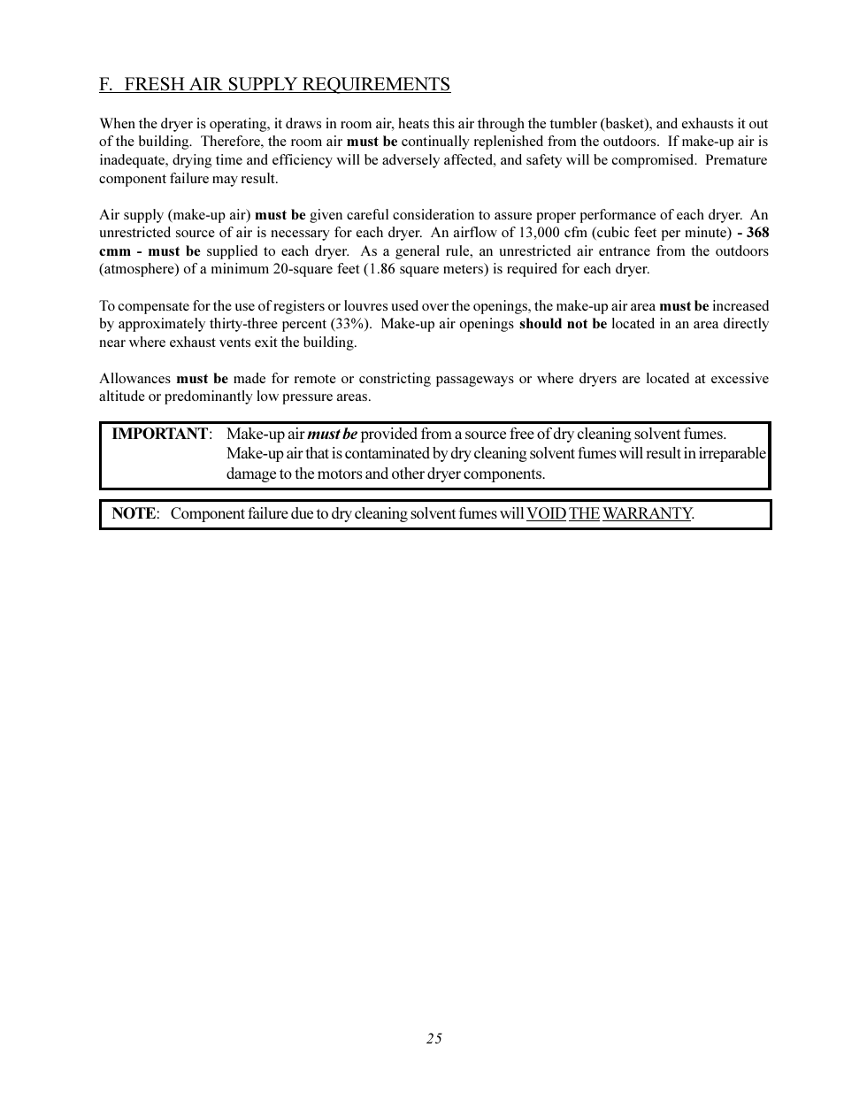 F. fresh air supply requirements | American Dryer Corp. MLS-460 User Manual | Page 29 / 80