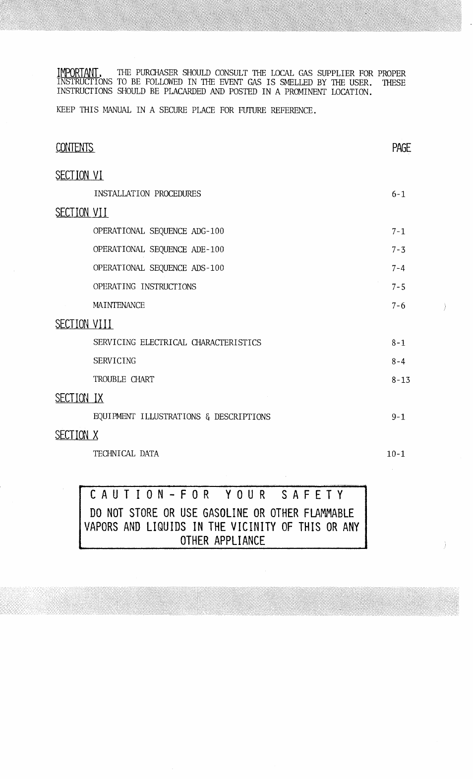 Cqfïïents, Section vi, Section vii | Section viii, Section ix, Section x, Caution-for your safety, Other appliance, Importamt | American Dryer Corp. AD-100 User Manual | Page 2 / 61