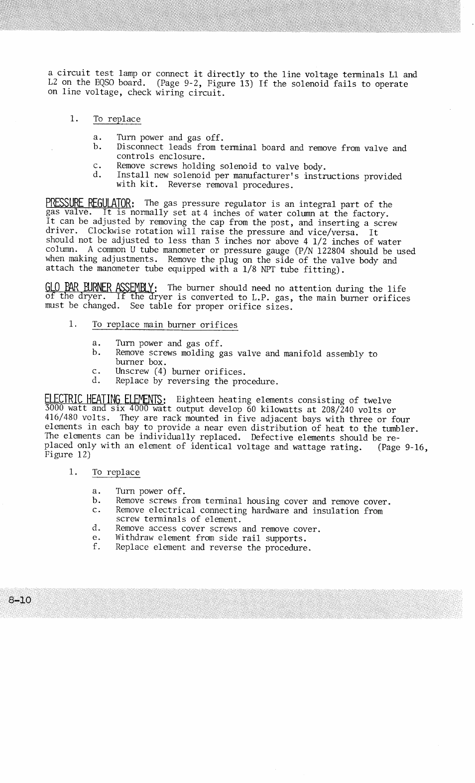 Pressure f^gulatqr, Glo mr burner assetiely, Electric heating elfents | American Dryer Corp. AD-100 User Manual | Page 22 / 61