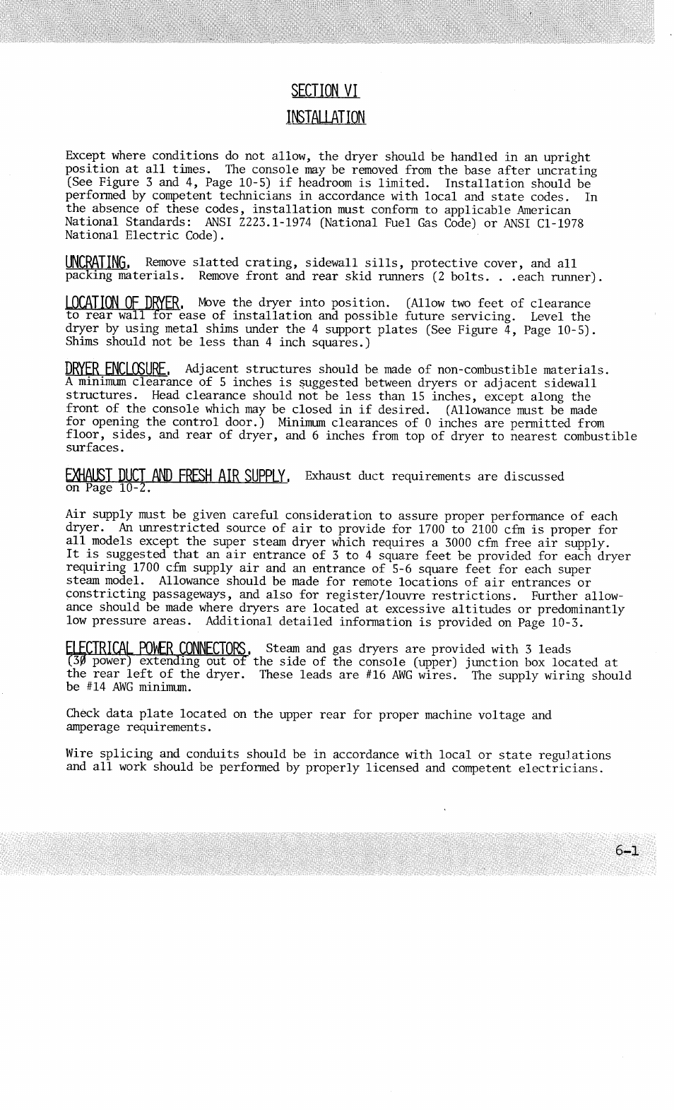 Section vi installatiqn, Exhaust duct fresh air supply, Uncrating | Location of d^er, Dryer enclosure, Electrical rover connectors | American Dryer Corp. AD-100 User Manual | Page 3 / 61
