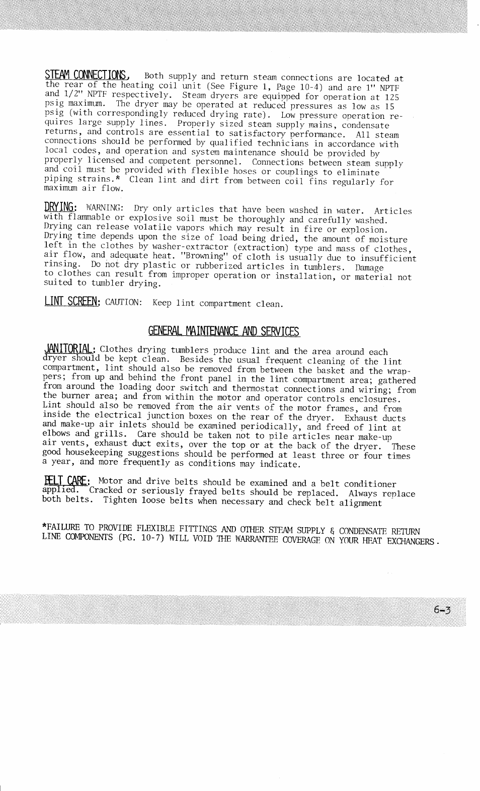 General mamenance and services, Steam connections, Drying | Lint screen, General mamenance and services janitorial, Elt care | American Dryer Corp. AD-100 User Manual | Page 5 / 61