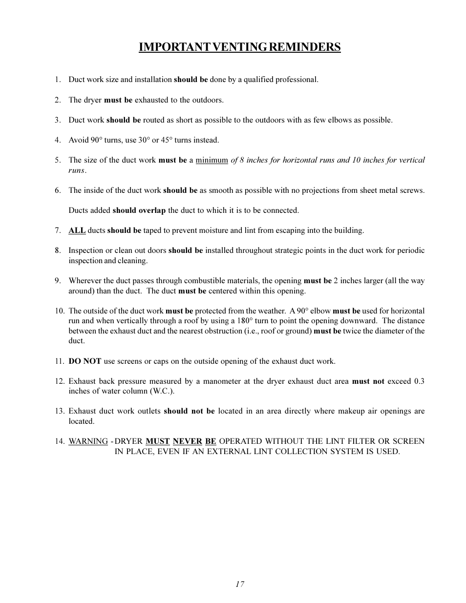 Important venting reminders | American Dryer Corp. MDG-50 User Manual | Page 21 / 55