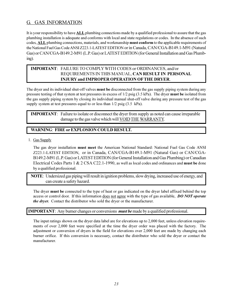 G. gas information | American Dryer Corp. MDG-50 User Manual | Page 27 / 55