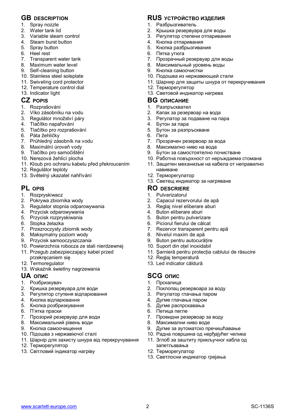 Ua scg | Scarlett SC-1136S User Manual | Page 2 / 28