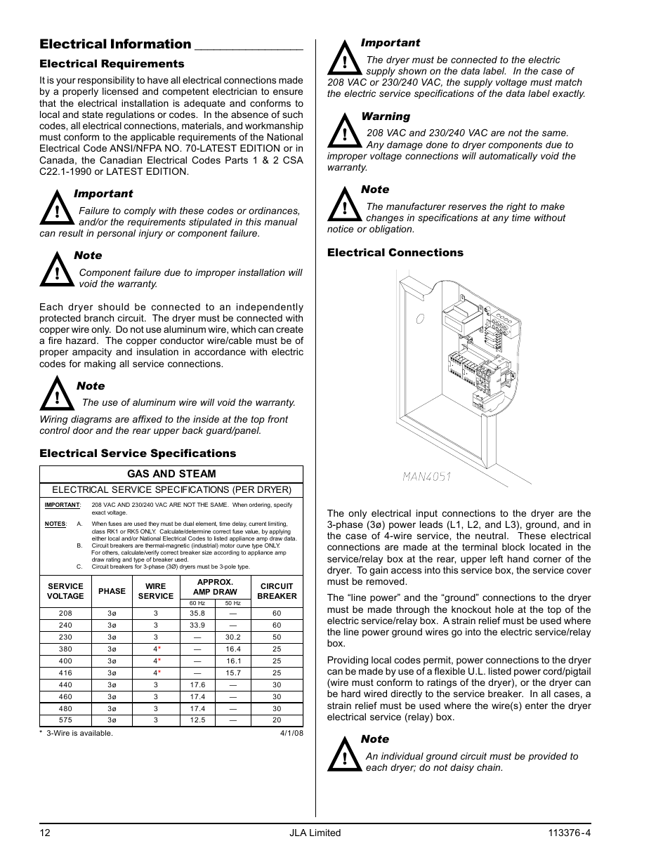 Electrical information | American Dryer Corp. D170 User Manual | Page 12 / 26