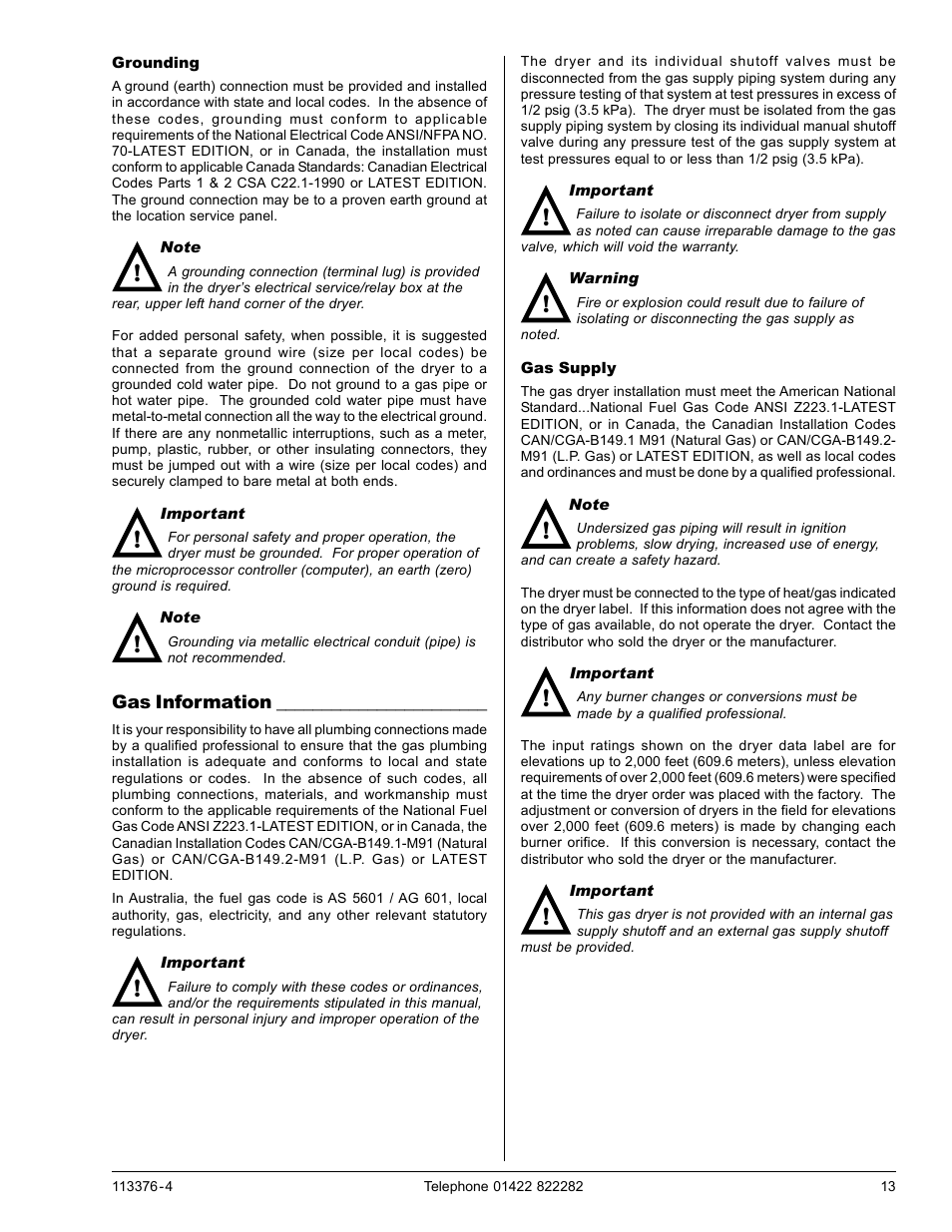 Gas information | American Dryer Corp. D170 User Manual | Page 13 / 26