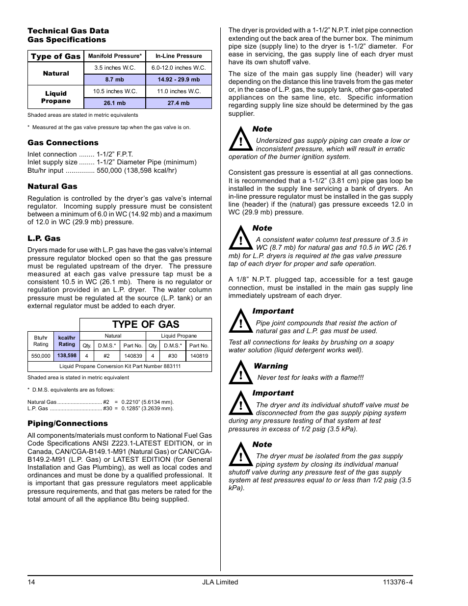 Type of gas | American Dryer Corp. D170 User Manual | Page 14 / 26