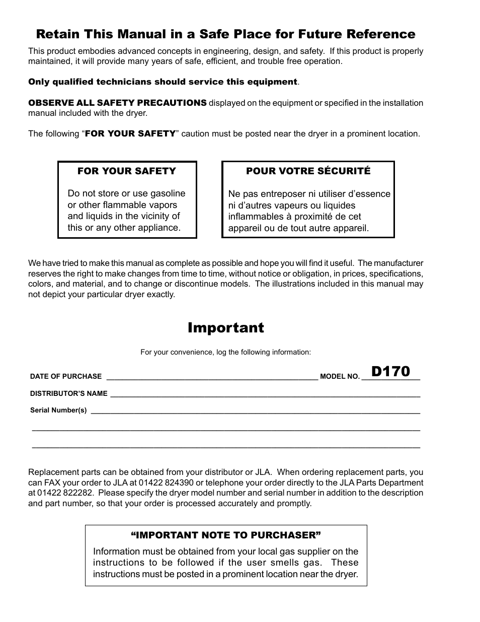 Important, D170 | American Dryer Corp. D170 User Manual | Page 2 / 26