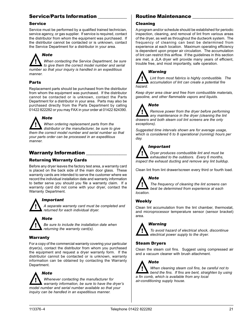 Service/parts information, Service parts, Warranty information | Returning warranty cards warranty, Routine maintenance, Cleaning | American Dryer Corp. D170 User Manual | Page 21 / 26