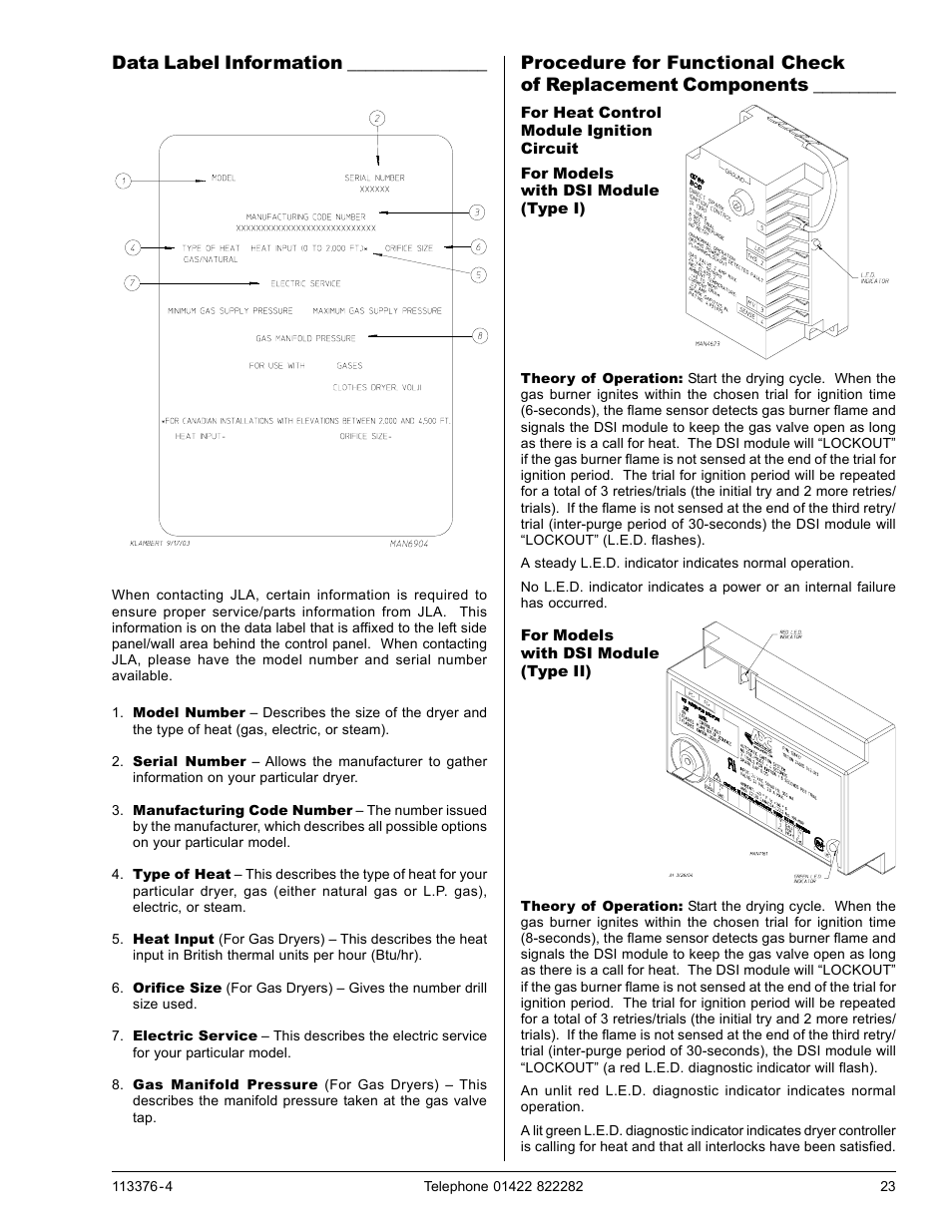 Of replacement components, Data label information | American Dryer Corp. D170 User Manual | Page 23 / 26