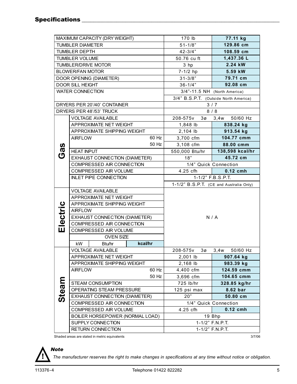 Specifications, Gas s team, Electric | American Dryer Corp. D170 User Manual | Page 5 / 26