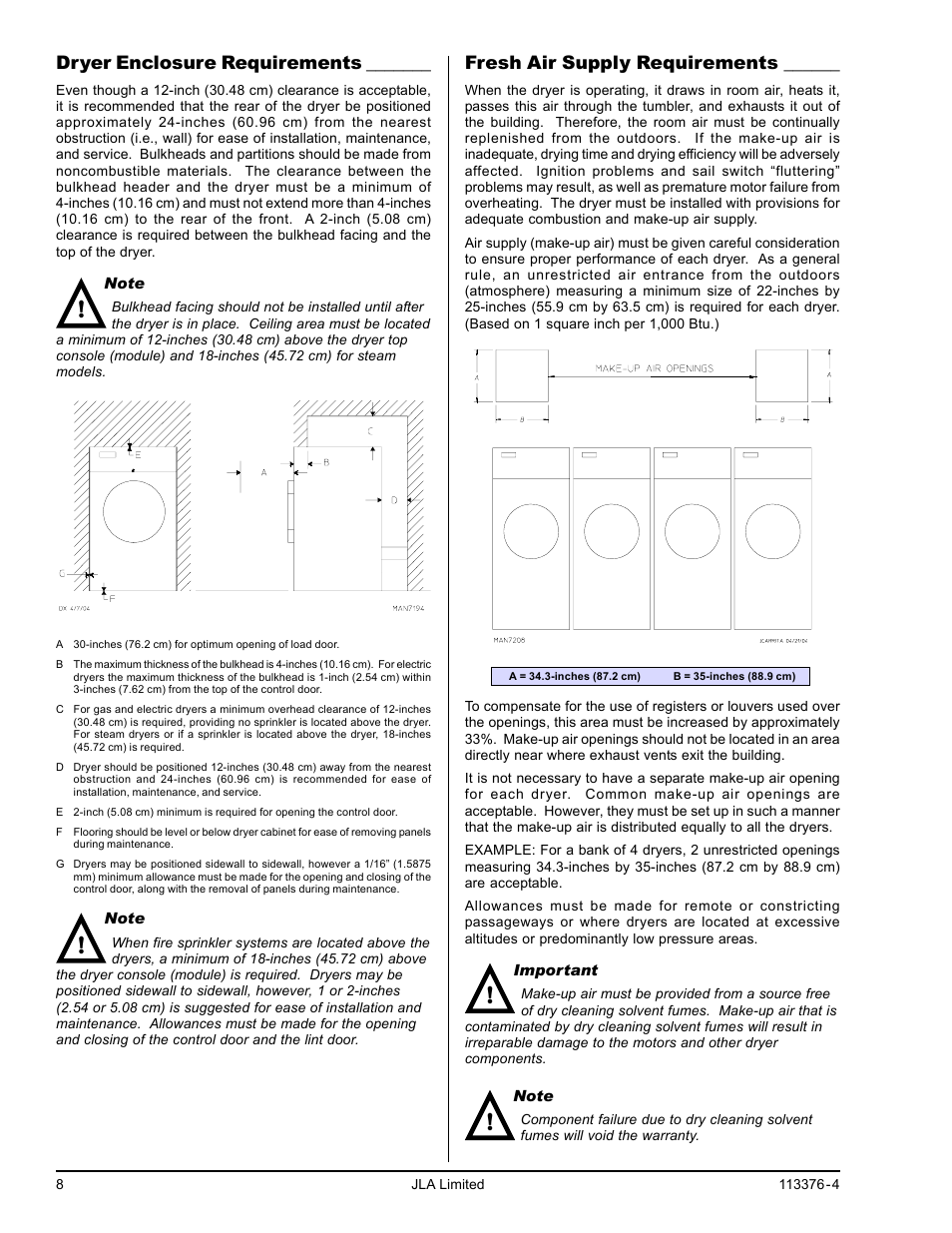 Fresh air supply requirements, Dryer enclosure requirements | American Dryer Corp. D170 User Manual | Page 8 / 26