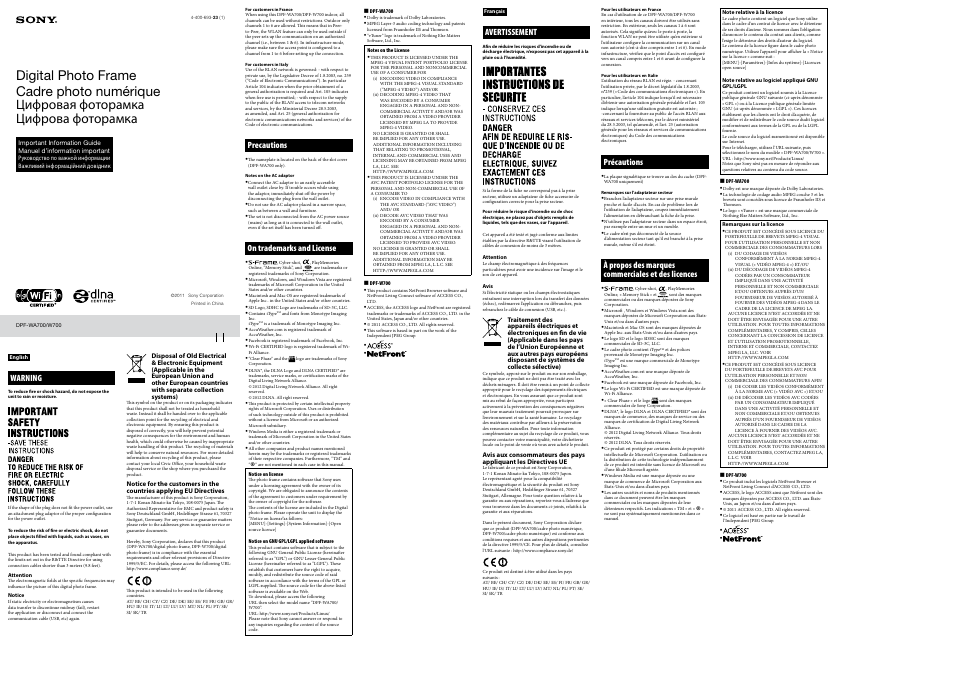 Sony DPF-WA700 User Manual | 2 pages