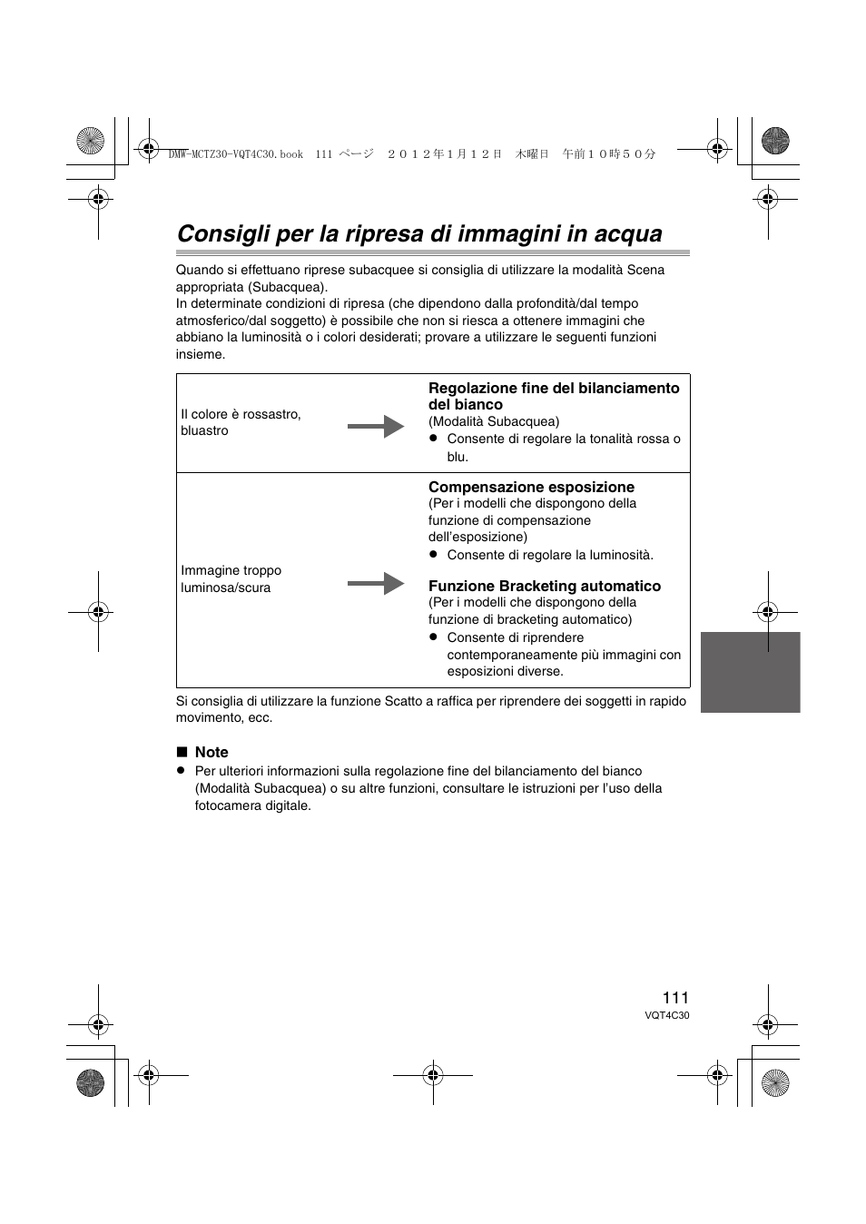 Consigli per la ripresa di immagini in acqua | Panasonic DMWMCTZ30E User Manual | Page 111 / 184