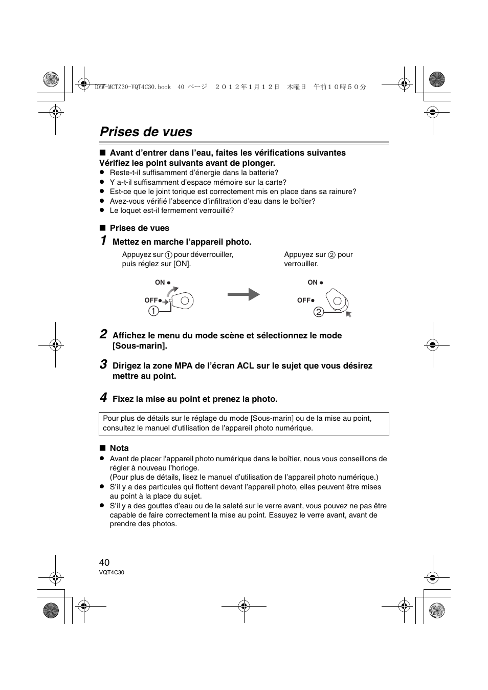 Prises de vues | Panasonic DMWMCTZ30E User Manual | Page 40 / 184