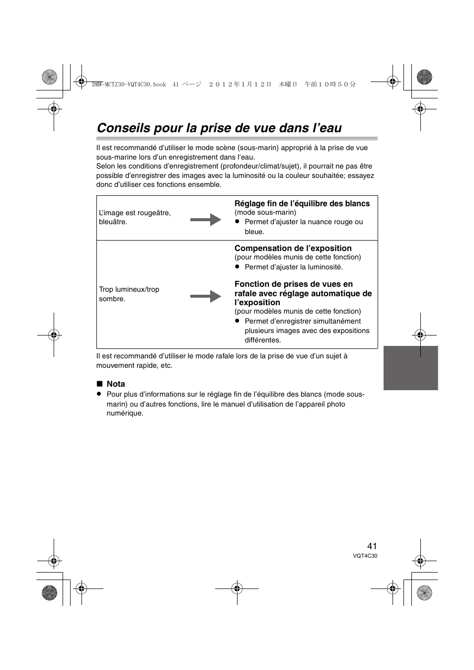 Conseils pour la prise de vue dans l’eau | Panasonic DMWMCTZ30E User Manual | Page 41 / 184
